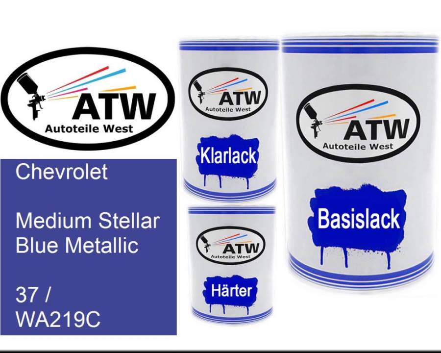Chevrolet, Medium Stellar Blue Metallic, 37 / WA219C: 500ml Lackdose + 500ml Klarlack + 250ml Härter - Set, von ATW Autoteile West.